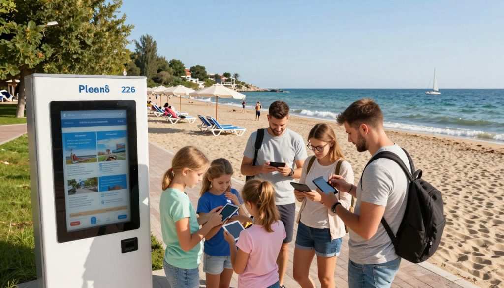 A vibrant seaside scene depicting interactive services for tourists in the context of Ukrainian Black Sea beaches in 2026. In the foreground, a friendly digital kiosk displays information, with family groups gathered around it, using tablets and phones to explore local attractions. The middle ground features a well-maintained beach area with sun loungers, umbrellas, and lush greenery. In the background, gentle waves lap against the shore under a clear blue sky, with a few sailboats in the distance. Bright, warm lighting conveys a cheerful atmosphere, while the scene is captured from a slightly elevated angle, showcasing the bustling yet relaxed vibe. The focus is on accessibility and modern conveniences, emphasizing a welcoming environment for tourists.