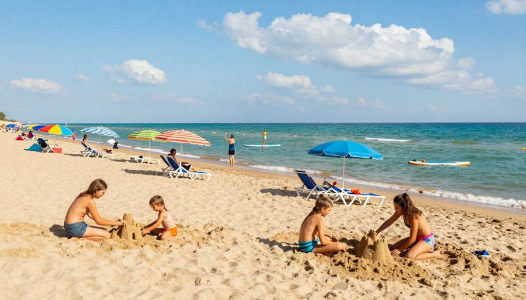 A vibrant summer scene on the beaches of Ukraine, showcasing a sunlit shoreline filled with soft golden sand. In the foreground, families and friends are enjoying their time, wearing modest beach attire, happily playing beach games and building sandcastles. The middle ground features colorful umbrellas and lounge chairs, inviting relaxation, with beachgoers engaging in water sports like paddleboarding and kayaking. In the background, clear turquoise waves gently lap against the shore, under a bright blue sky with fluffy white clouds. The warm sunlight casts a golden glow over the scene, creating a serene and cheerful atmosphere, capturing the essence of a perfect seaside retreat.