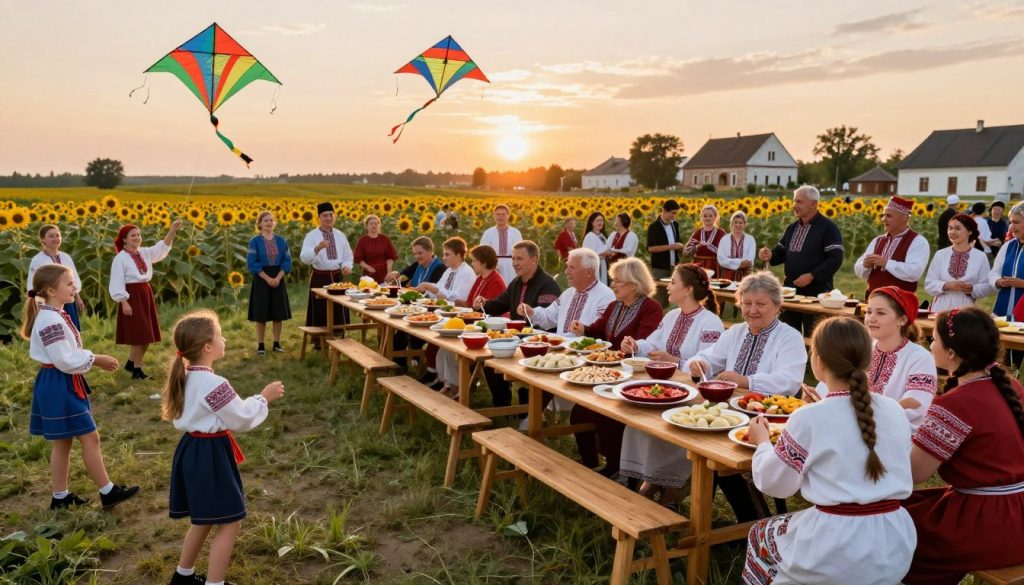 A vibrant Ukrainian outdoor celebration, featuring a diverse group of people dressed in traditional, modest clothing, joyfully participating in "гуляння." In the foreground, children are flying colorful kites and playing traditional games. The middle ground showcases a long wooden table filled with an array of traditional Ukrainian dishes like borscht, varenyky, and holodets, surrounded by cheerful families sharing food and laughter. In the background, the sun sets over a picturesque landscape, with blooming fields of sunflowers and historical Ukrainian architecture. Soft, warm lighting creates an inviting atmosphere, capturing the essence of community, tradition, and festivity. The scene radiates joy and cultural pride, emphasizing the significance of Ukrainian culinary traditions and communal gatherings.