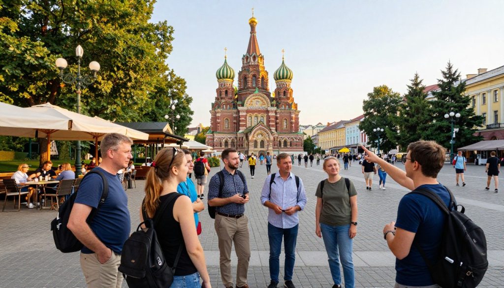 A vibrant urban tourism scene capturing the spirit of city excursions and cultural experiences in Ukraine, 2026. In the foreground, a diverse group of tourists, dressed in smart casual attire, engaging with a friendly local guide who enthusiastically points out historic landmarks. In the middle, iconic Ukrainian architecture like ornate churches and colorful buildings, with people exploring and enjoying outdoor cafes. The background features a lively city square, bustling with activity, framed by lush trees and decorative streetlights. The scene is bathed in warm, golden sunlight, creating an inviting and cheerful atmosphere. The image should be shot with a wide-angle lens for depth, emphasizing a lively sense of community and exploration.