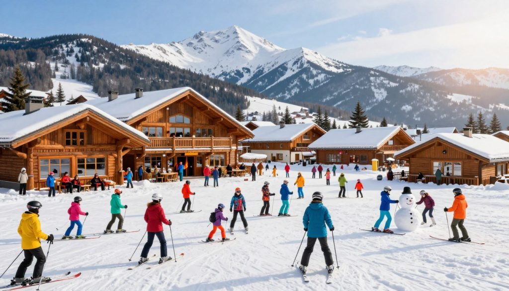A vibrant winter resort scene capturing diverse recreational activities on a ski resort in Ukraine. In the foreground, groups of people dressed in colorful ski gear are enjoying skiing and snowboarding on pristine slopes. In the middle ground, a cozy lodge with large windows is bustling with visitors, sipping hot drinks and relaxing by the fire. Families are building snowmen and engaging in playful snowball fights. In the background, majestic snow-capped mountains rise under a clear blue sky, with scattered evergreens. Soft, warm lighting evokes a cheerful atmosphere, suggesting a lively day in winter wonderland. The angle is slightly elevated, showcasing the resort's layout while maintaining focus on the joyous activities taking place.