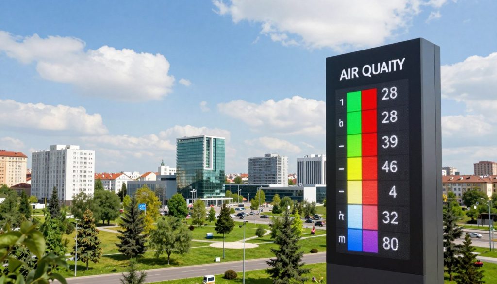A visually striking representation of an air quality index display in an urban setting, illustrating the ecological status of cities in Ukraine. In the foreground, a digital air quality index gauge vividly indicates levels of pollution, with clear color-coded sections highlighting healthy and hazardous air. The middle ground features a modern cityscape with green spaces, trees, and eco-friendly buildings, symbolizing sustainability. In the background, a bright blue sky contrasts with soft white clouds, suggesting a clean atmosphere. Soft, natural lighting bathes the scene, evoking a sense of hope and environmental awareness. The mood is optimistic, emphasizing the potential for ecological improvement in urban areas, while maintaining a professional and serene ambiance. No text or watermarks present.