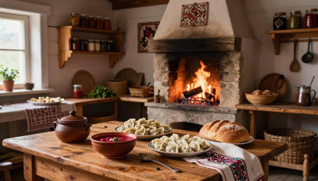 A warm, inviting historical kitchen scene reflecting Ukraine's cultural heritage. In the foreground, a rustic wooden table is laden with traditional Ukrainian dishes, such as borscht, varenyky, and fresh bread. A vintage ceramic pot and embroidered linen cloth add texture. In the middle, a stone hearth with a crackling fire illuminates the space, casting a cozy glow. Authentic wooden shelves lined with jars of preserves and herbs display traditional cooking implements. The background showcases a timber-framed wall adorned with folk art and historical cooking tools. Soft natural light streams through a small window, creating an ambiance of warmth and nostalgia. The overall mood is one of authenticity and cultural richness, evoking the essence of Ukrainian culinary heritage.
