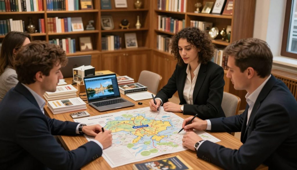 A well-organized museum planning scene set in an elegant library or study. In the foreground, a diverse group of three professionals, dressed in smart business attire, are engaged in a lively discussion over a detailed map of Ukrainian museums. The middle-ground features a large wooden table covered with books, brochures, and digital devices displaying museum images. The background reveals shelves filled with art books and artifacts, softly illuminated by warm, ambient lighting, creating a cozy and inviting atmosphere. The scene conveys a sense of exploration and enthusiasm for cultural enrichment, emphasizing the idea of planning an enriching museum route in Ukraine. Capture this moment from a slightly elevated angle to provide a comprehensive view of the engaging atmosphere and the details on the table.