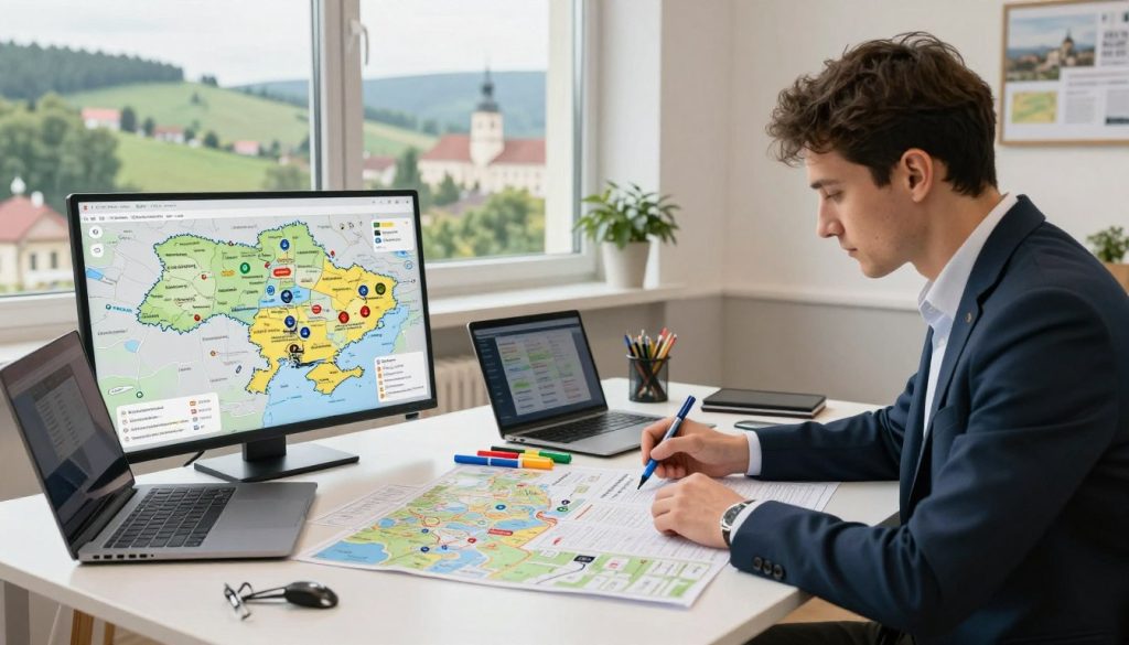 A well-organized travel logistics scene featuring a professional planner at a large table covered with maps, itineraries, and digital devices. Foreground: A focused individual in business attire analyzing the travel plan, with colorful markers and a laptop open. Middle ground: A detailed map of Ukraine showcasing various gastronomic regions, with icons representing transportation options and accommodations. Background: A large window with a view of a picturesque Ukrainian landscape, highlighting a blend of rural charm and urban sophistication. The atmosphere is energetic yet organized, illuminated by soft natural light, suggesting a collaborative work environment. The composition captures the essence of meticulous planning for culinary tours in Ukraine, emphasizing logistics, transport, and accommodation.