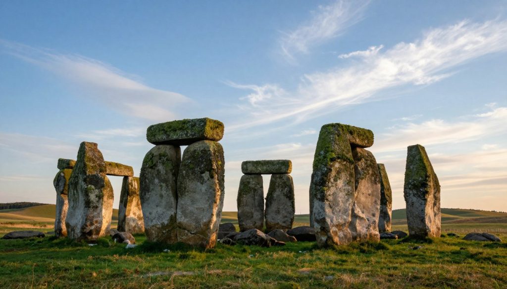 Ancient megaliths standing majestically in the serene landscape of Monastyryscha, Ukraine, exuding mystery and historical significance. In the foreground, rugged, towering stone structures, some partially covered in lush green moss, create a powerful, eye-catching focal point. The middle ground presents rolling hills bathed in soft golden light, indicating either dawn or dusk, enhancing the ethereal atmosphere. The background features a clear blue sky with wispy, white clouds, adding depth and tranquility. The image captures the setting with a wide-angle perspective, emphasizing the grandeur of the megaliths against their natural environment. The mood is peaceful yet tinged with a sense of wonder, inviting viewers to ponder the legends surrounding Ukraine's enigmatic "Stonehenge."