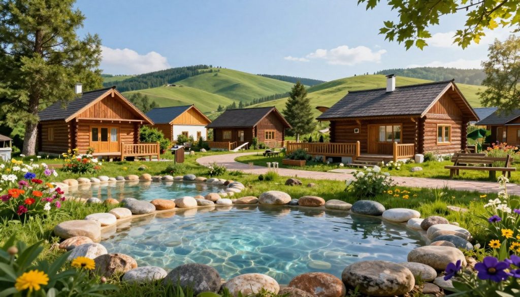 Lush mineral resorts of Ukraine, featuring picturesque landscapes and tranquil surroundings. In the foreground, display natural mineral springs with crystal-clear water and smooth stones, surrounded by vibrant flowers. The middle ground should include rustic wooden cottages and modern spa facilities, set amidst lush greenery. The background should showcase rolling hills and a clear blue sky, capturing the essence of a peaceful summer day. Soft, warm sunlight filters through the trees, creating a serene atmosphere ideal for relaxation. The scene should evoke a sense of well-being and rejuvenation, emphasizing the natural beauty and therapeutic qualities of these resorts. Aim for a harmonious blend of nature and comfort, highlighting the allure of summer destinations in Ukraine.