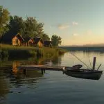 Деревянные домики базы отдыха с причалом и лодкой на берегу Днепра